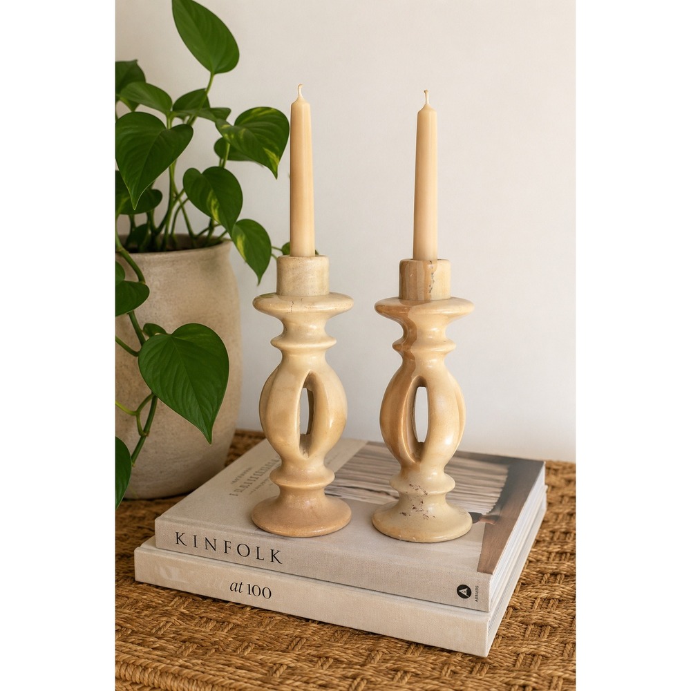 Vintage Hand Carved Soapstone Twist Candle Holders Neutral Minimalist Decor Set